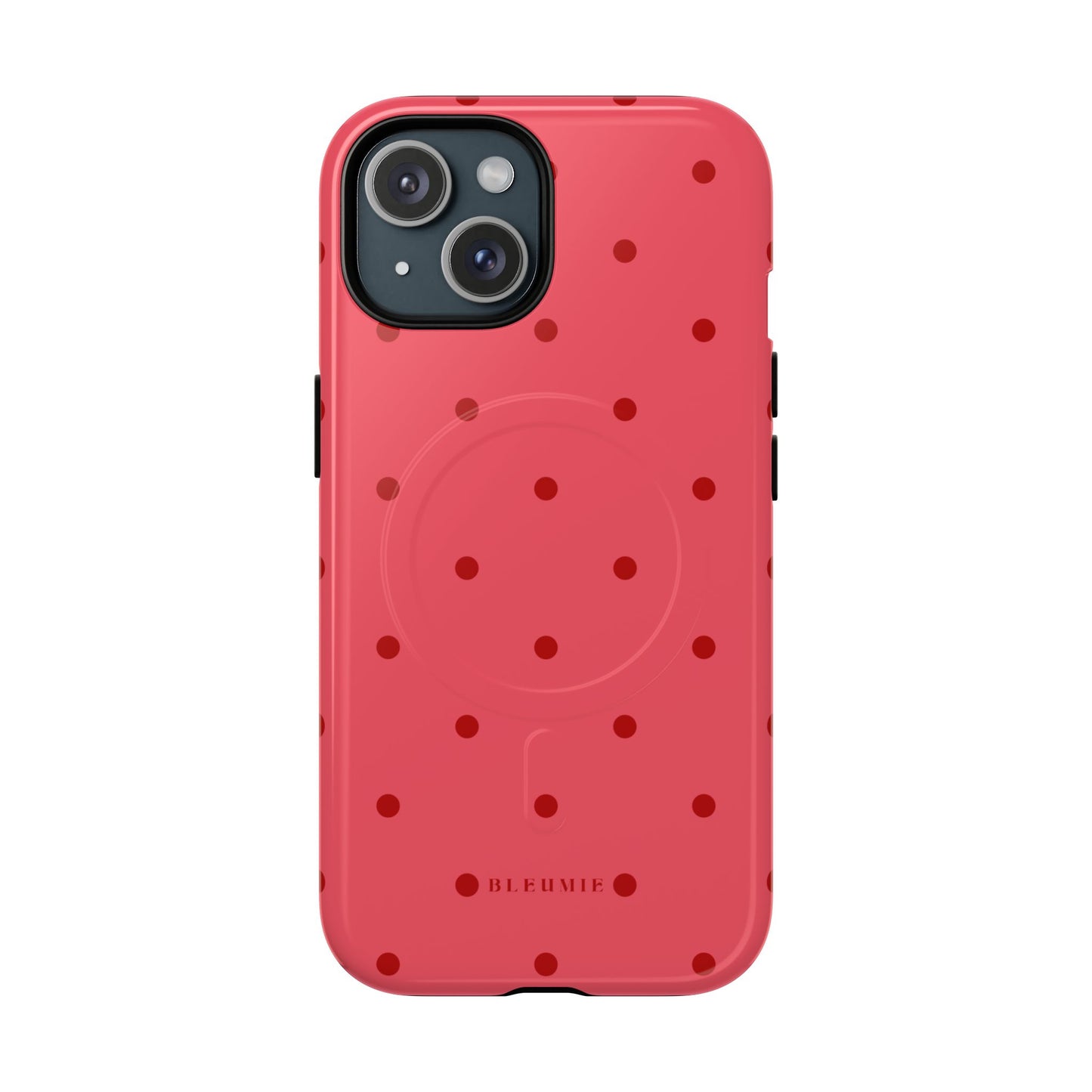 Crimson Polka Dot MagSafe iPhone Cases iPhone 15 Glossy BLEUMIE